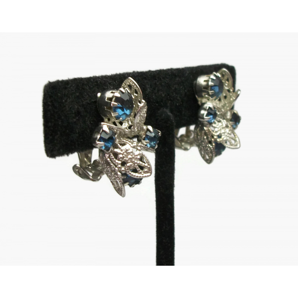 Vintage Silver Tone Filigree Navy Blue Rhinestone Clip on Earrings Formal Bridal