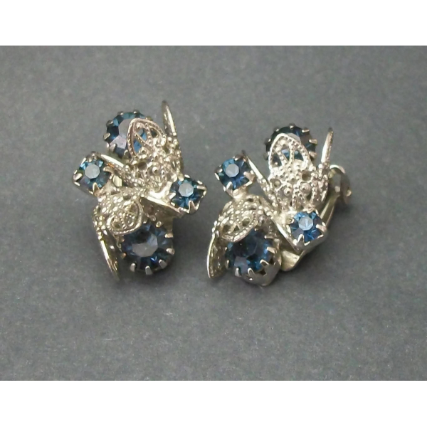Vintage Silver Tone Filigree Navy Blue Rhinestone Clip on Earrings Formal