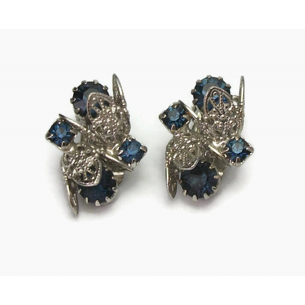Vintage Silver Tone Filigree Navy Blue Rhinestone Clip on Earrings Formal Bride