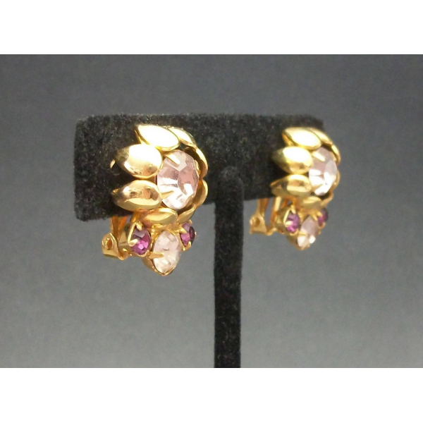 Vintage Faux Amethyst Crystals Gold Tone Clip on Earrings Purple Rhinestone