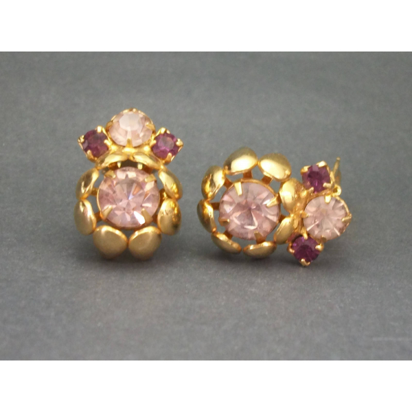 Vintage Faux Amethyst Crystals Gold Clip on Earrings Purple Rhinestone
