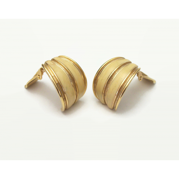 Vintage Weekenders Gold and Cream Beige Enamel Clip on Earrings