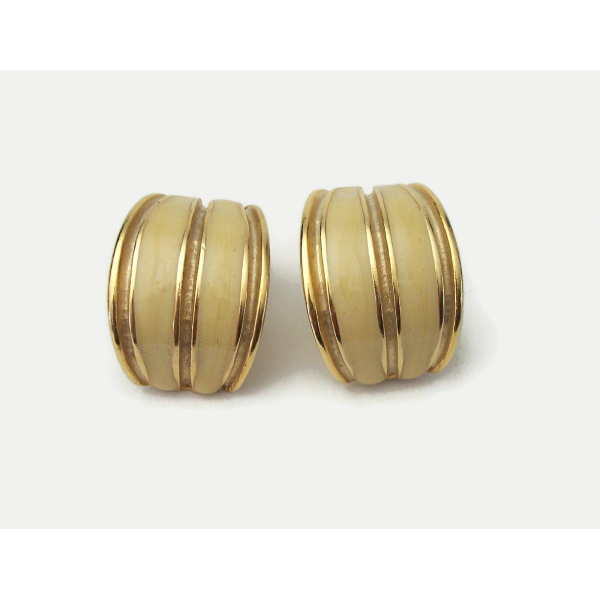 Vintage Weekenders Gold and Cream Beige Enamel Clip on Earrings