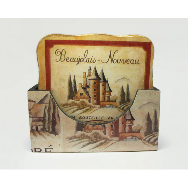 Vintage French Wine Themed Coaster Set of Six Bordeaux Red Wine French Vineyards