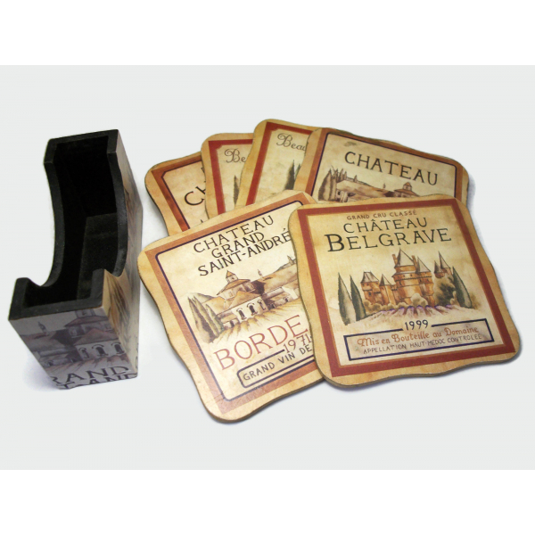 Vintage French Wine Themed Coaster Set of Six Bordeaux Red Wine French Vineyards
