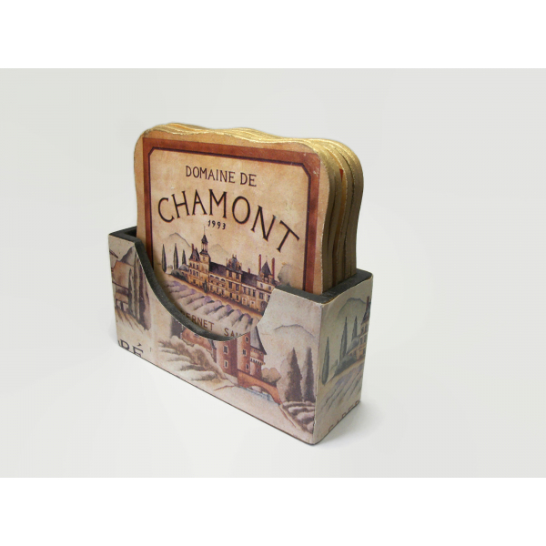 Vintage French Wine Themed Coaster Set of Six Bordeaux Red Wine French Vineyards