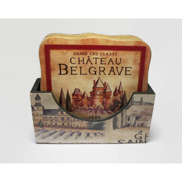 Vintage French Wine Themed Coaster Set of Six Bordeaux Red Wine French Vineyards