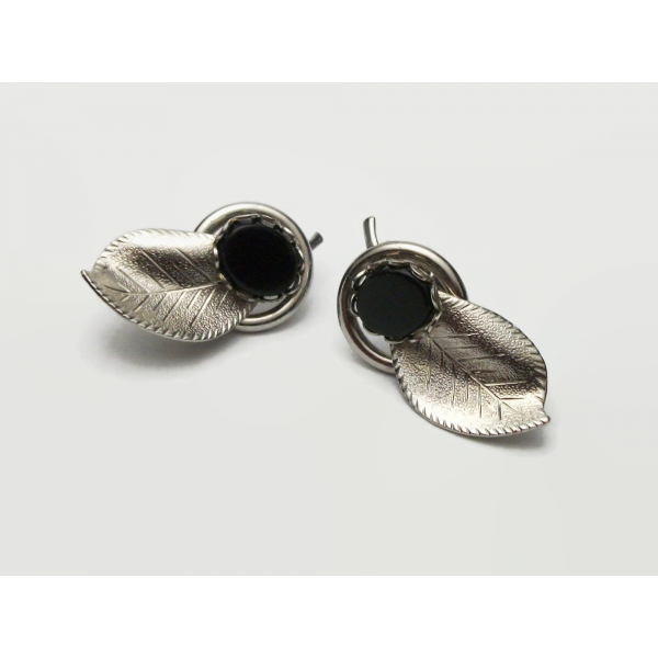 Vintage Silver and Black Onyx Leaf Clip on Earrings Art Nouveau Jewelry