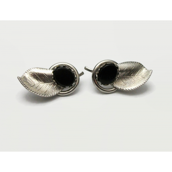 Vintage Silver and Black Onyx Leaf Clip on Earrings Art Nouveau Jewelry