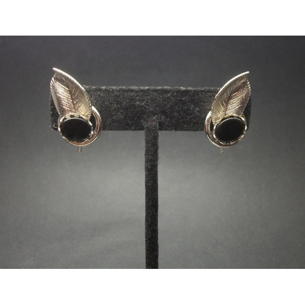 Vintage Silver and Black Onyx Leaf Clip on Earrings Art Nouveau Jewelry