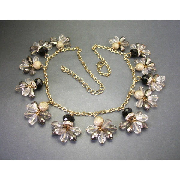 Vintage Black Gold Smoky Metallic Grey Clear Beaded Fringe Necklace Bead Charms