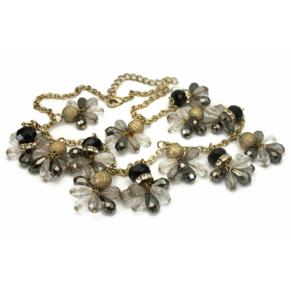 Vintage Black Gold Smoky Metallic Grey Clear Beaded Fringe Necklace Bead Charms