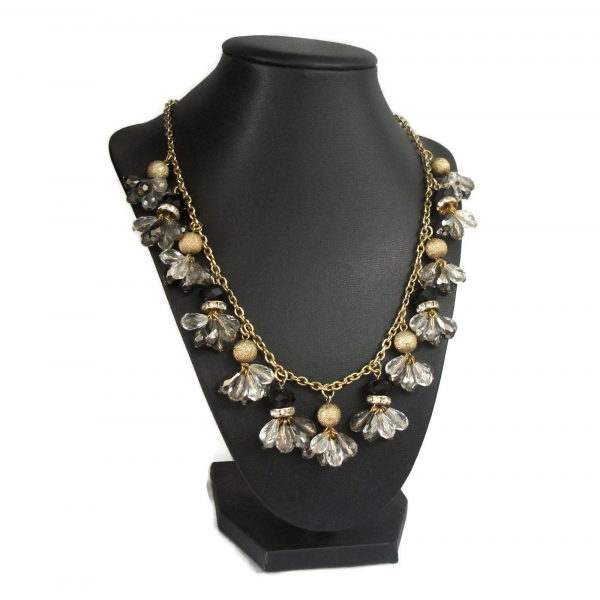 Vintage Black Gold Smoky Metallic Grey Clear Beaded Fringe Necklace Bead Charms