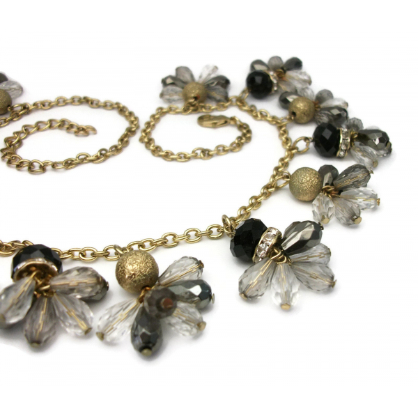 Vintage Black Gold Smoky Metallic Grey Clear Beaded Fringe Necklace Bead Charms