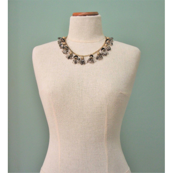 Vintage Black Gold Smoky Metallic Grey Clear Beaded Fringe Necklace Bead Charms
