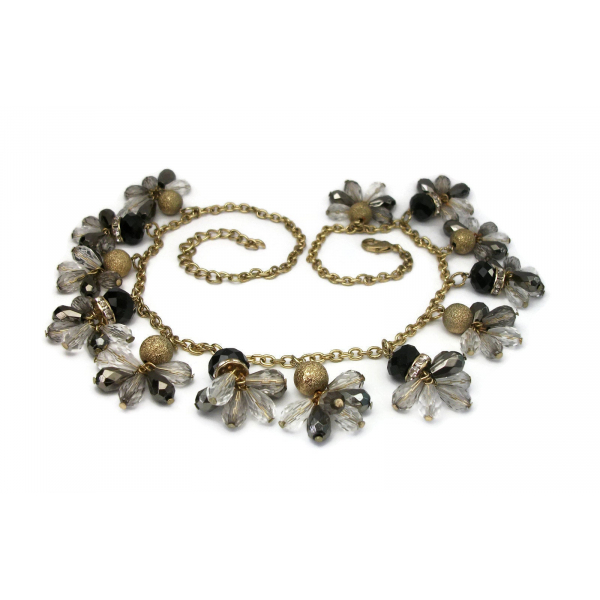 Vintage Black Gold Smoky Metallic Grey Clear Beaded Fringe Necklace Bead Charms