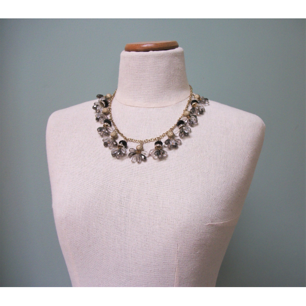 Vintage Black Gold Smoky Metallic Grey Clear Beaded Fringe Necklace Bead Charms