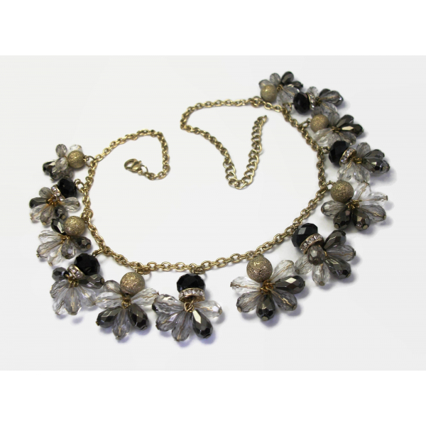 Vintage Black Gold Smoky Metallic Grey Clear Beaded Fringe Necklace Bead Charms