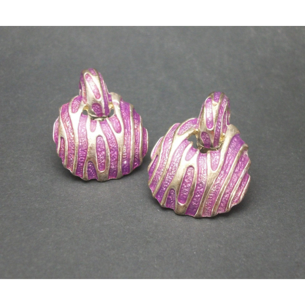 Vintage Purple and Silver Tone Animal Stripe Doorknocker Clip on Earrings