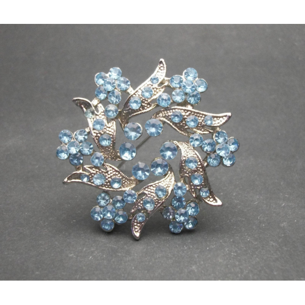 Vintage Silver Tone and Blue Rhinestone Floral Wreath Brooch Lapel Pin