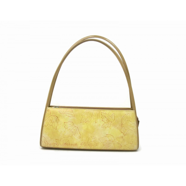 Vintage Autumn Leaf Print Yellow and Tan Handbag Vinyl Top Handle