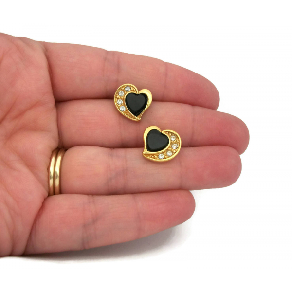 Vintage Avon Small Black Lucite & Gold Heart Earrings with Clear Rhinestones