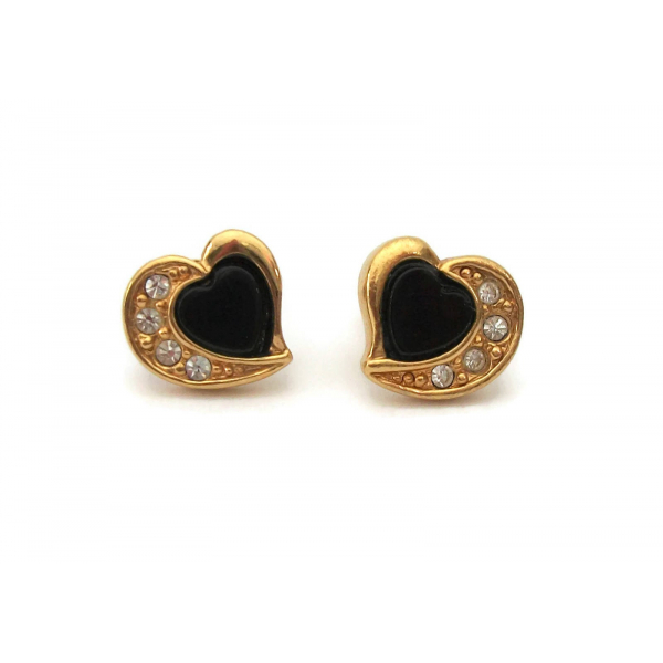 Vintage Avon Black Lucite & Gold Tone Heart Earrings with Clear ...