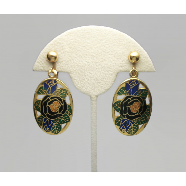 Vintage Cloisonne Enamel and Gold Floral Dangle Drop Clip on Earrings Blue Green