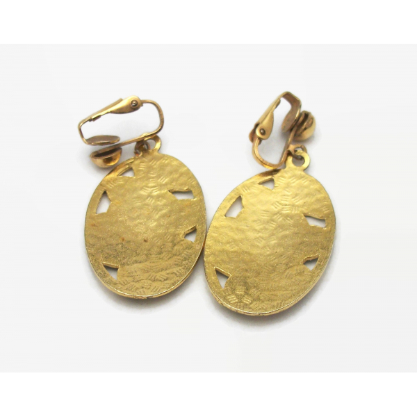 Vintage Cloisonne Enamel and Gold Floral Dangle Drop Clip on Earrings ...
