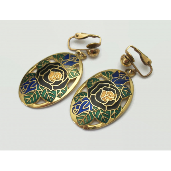 Vintage Cloisonne Enamel and Gold Floral Dangle Drop Clip on Earrings Blue Green