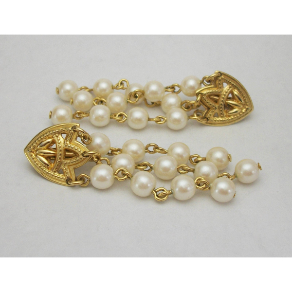 Vintage Long Pearl Dangle Clip Earrings Pearl Strand Tassel Drop Gold