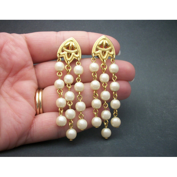 Vintage Long Gold Tone and Pearl Dangle Clip Earrings Pearl Strand Tassel Drop