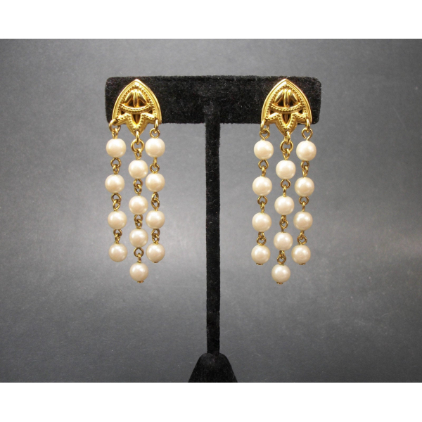 Vintage Pearl Drop Earrings Clip Earrings Long Pearl Strand Tassel