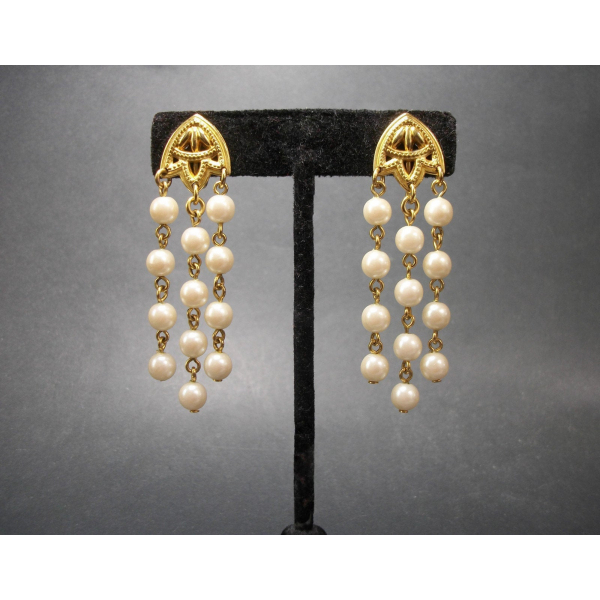 Vintage Long Gold and Pearl Dangle Clip Earrings Pearl Strand Tassel Drop