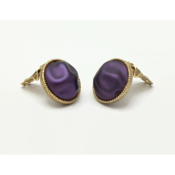 Vintage Signed Coro Purple and Gold Tone Clip on Earrings Nugget Shaped