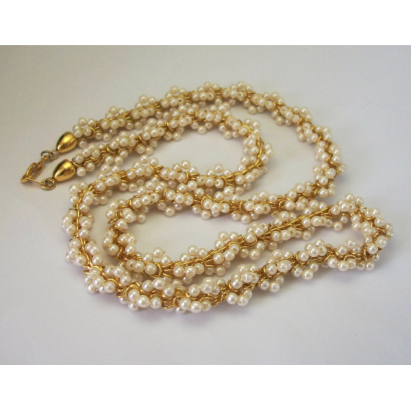 Vintage Pearl Cluster Twist Gold Tone Rope Necklace 24 inch Long Bride Jewelry