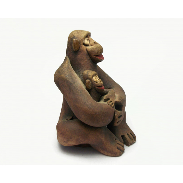 Vintage Clay Pottery Chimpanzee and Baby Sculpture Chimp Figurine Mother & Child