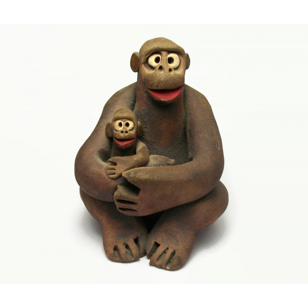 Vintage Clay Pottery Chimpanzee and Baby Sculpture Chimp Figurine Mother & Child