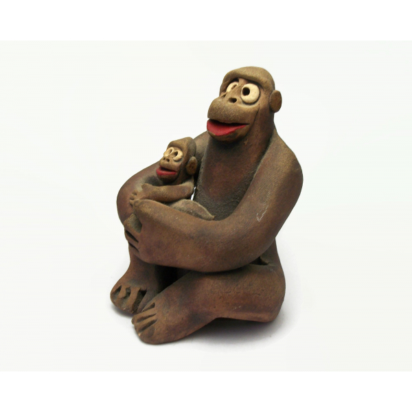 Vintage Clay Pottery Chimp Ape  and Baby Sculpture Chimp Figurine Mother & Child