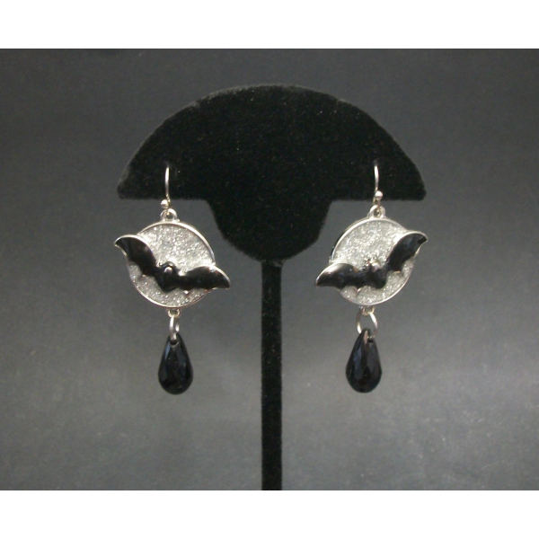 Halloween Bat Earrings Black and Sparkly Silver Enamel Full Moon and Flying Bat