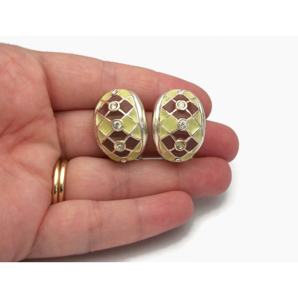 Vintage Pale Yellow and Burnt Sienna Brown Enamel Argyle Clip on Earrings