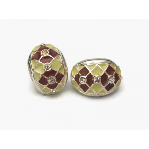 Vintage Pale Yellow and Burnt Sienna Brown Enamel Argyle Clip on Earrings