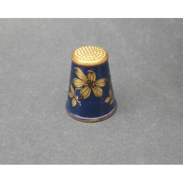 Vintage Austrian Gold and Navy Blue Enamel Thimble with Decoupage Floral Design