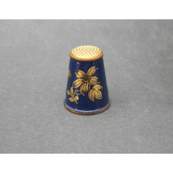 Vintage Austrian Gold and Navy Blue Enamel Thimble with Decoupage Floral Design