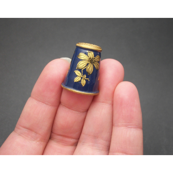 Vintage Austrian Gold and Navy Blue Enamel Thimble with Decoupage Floral Design