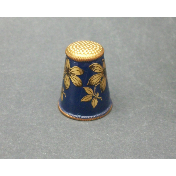 Vintage Austrian Gold and Navy Blue Enamel Thimble with Decoupage Floral Design
