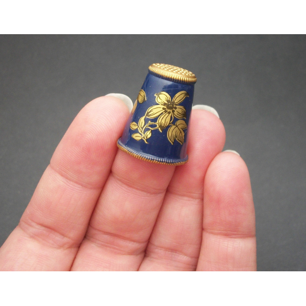 Vintage Austrian Gold and Navy Blue Enamel Thimble with Decoupage Floral Design
