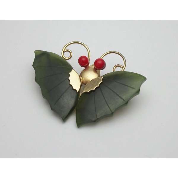 Vintage Carved Green Jade Colored Stone Butterfly Brooch Lapel Pin Pendant