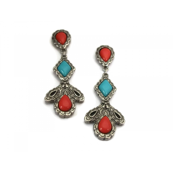 Silver Dangle Earrings with Faux Turquoise & Carnelian Stones Southwestern