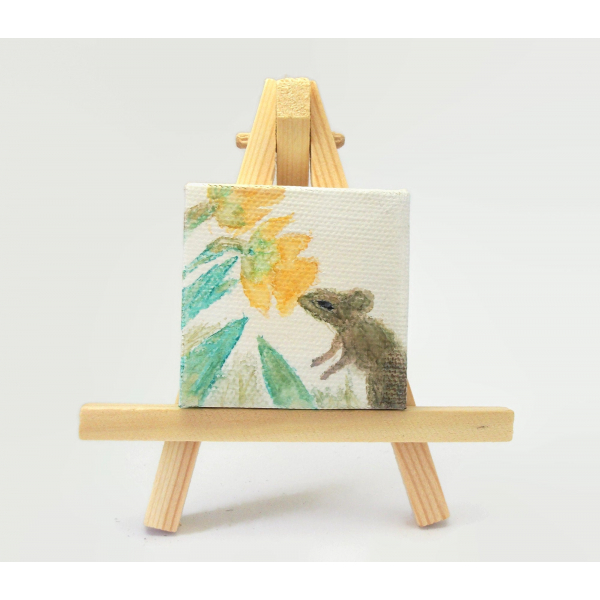 Small Pencil and Watercolor Painting of Mouse and Flowers  2"x2" Art with Easel